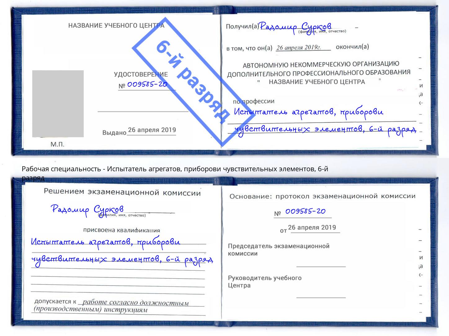 корочка 6-й разряд Испытатель агрегатов, приборови чувствительных элементов Люберцы