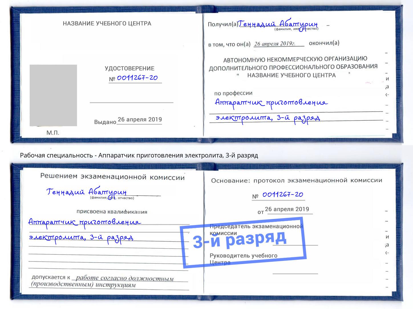 корочка 3-й разряд Аппаратчик приготовления электролита Люберцы