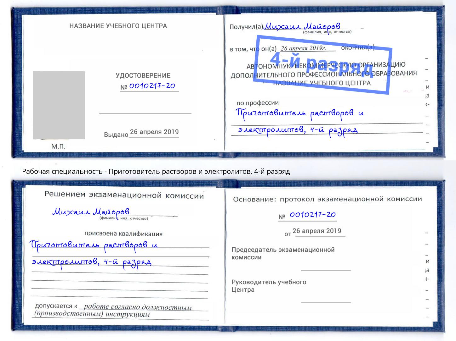 корочка 4-й разряд Приготовитель растворов и электролитов Люберцы