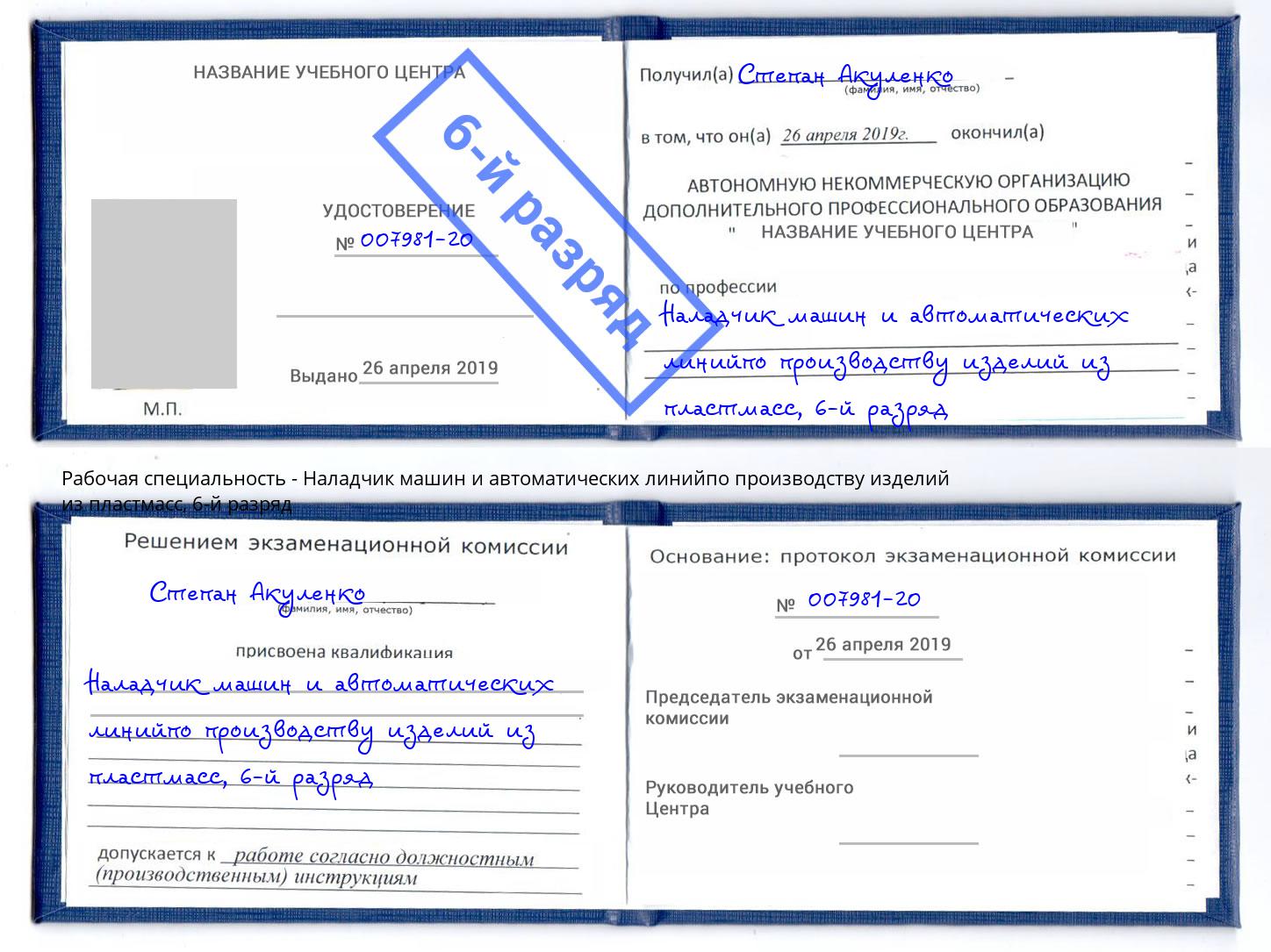 корочка 6-й разряд Наладчик машин и автоматических линийпо производству изделий из пластмасс Люберцы