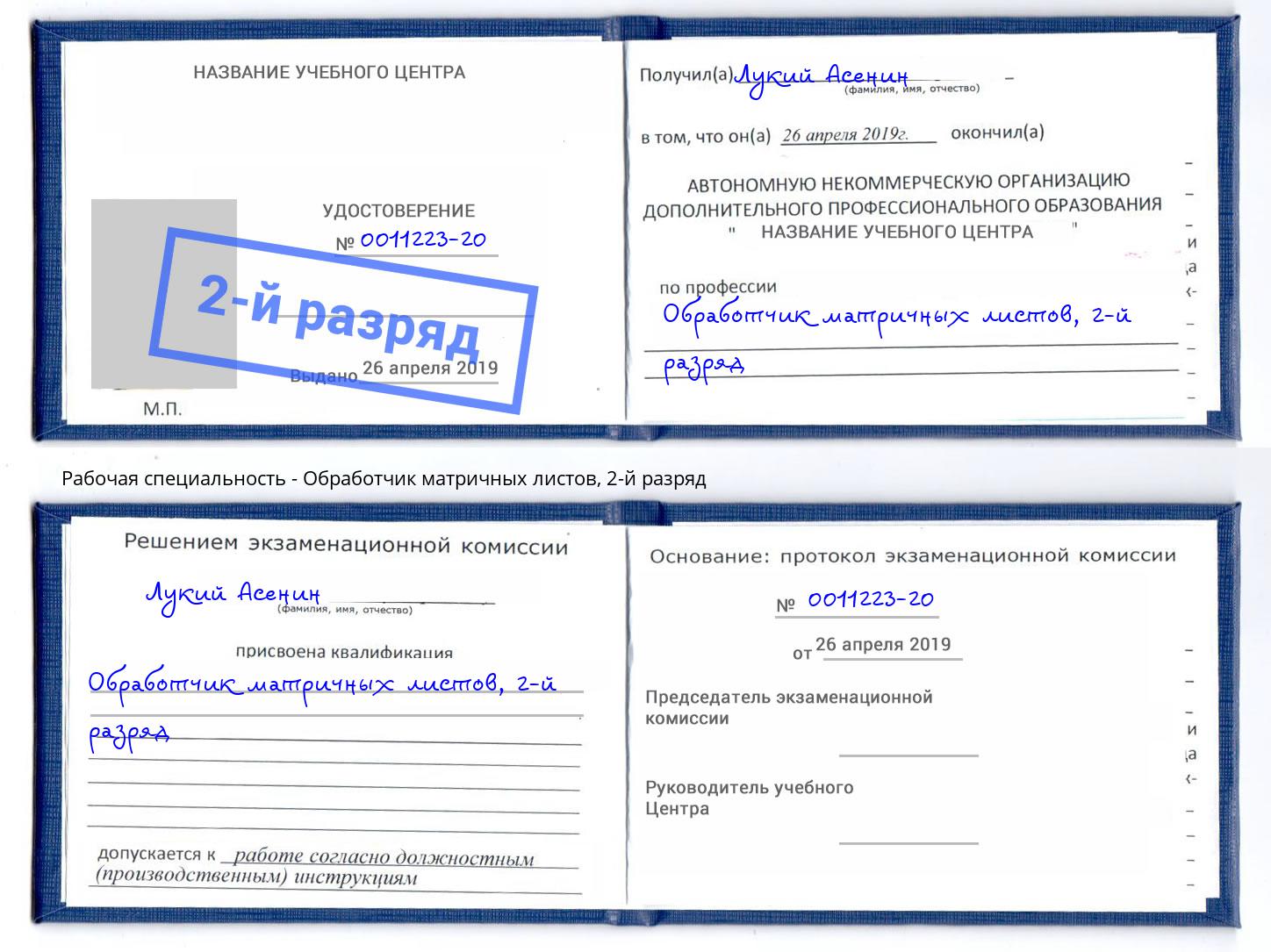 корочка 2-й разряд Обработчик матричных листов Люберцы