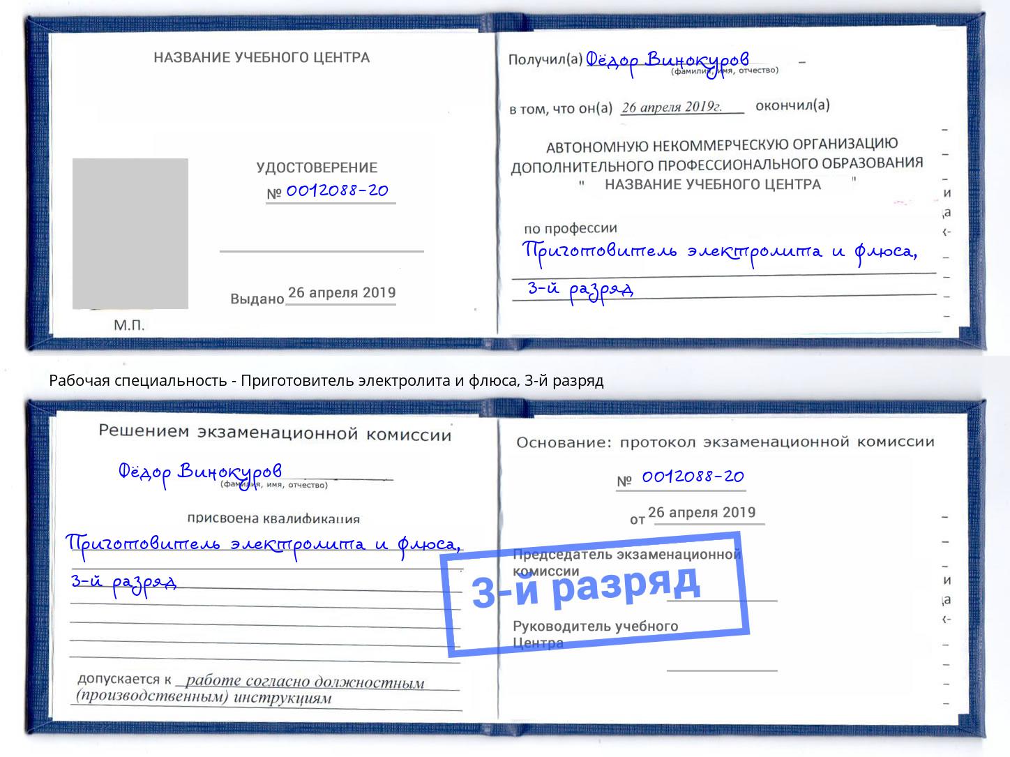 корочка 3-й разряд Приготовитель электролита и флюса Люберцы