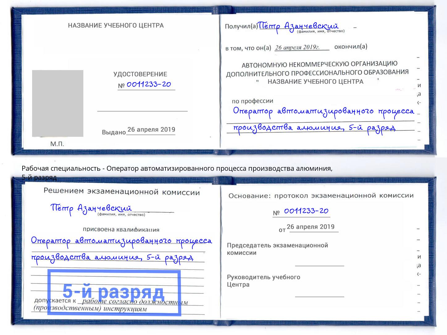 корочка 5-й разряд Оператор автоматизированного процесса производства алюминия Люберцы